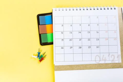White blank 2021 calendar on solid yellow background with copy space, busines Stock Photos