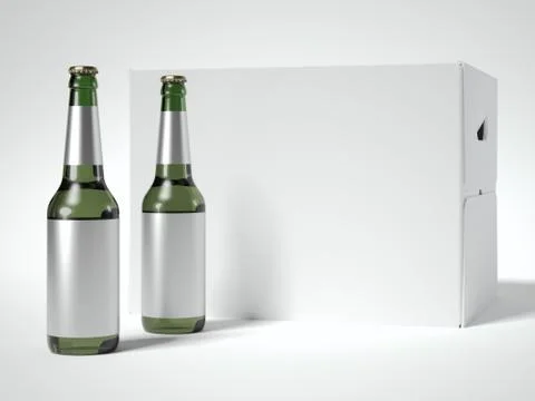 White blank beer packaging and two bottles. 3d rendering 库存插图