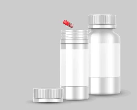 White blank Bottle packaging with red pill capsule isolated. Medicine banner Illustrazione stock