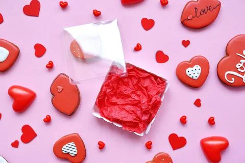 White blank box with red backing for delivery of cupcakes, cookies, cakes on  Stock Photos