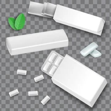White blank bubble gum package mockup set, green mint leaves, falling bubblegums Stock Illustration