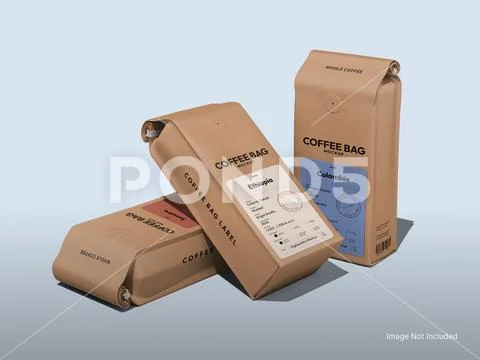 White Blank Coffee Bag Mockups Product Packaging with Labels 3D Rendering PSD Template