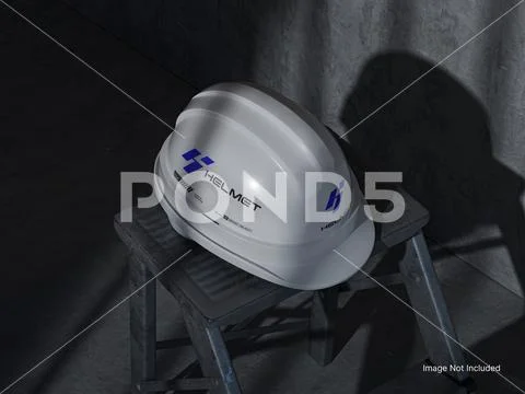 White Blank Construction Helmet Mockup on Stool in a Dimly Lit Industrial PSD 템플릿