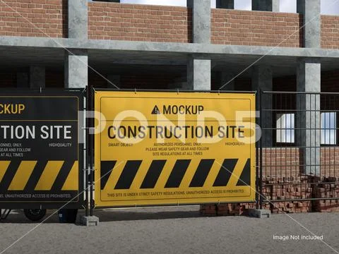 White Blank Construction Site Mockup with Safety Banner Display 3D Rendering Plantilla PSD