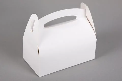 White blank empty mockup paper pastries candies box with handle in grey backg Photos