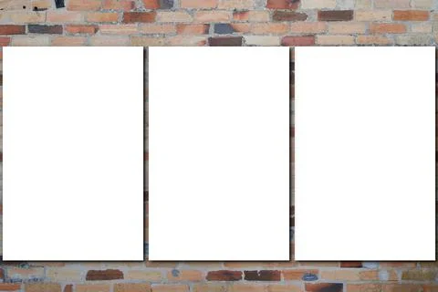 White blank empty three paper frames on white brick background Foto stock