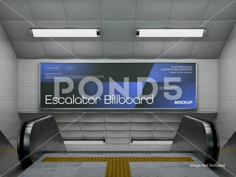 White Blank Escalator Landscape Billboard Mockup in Subway Station Underground PSD Template