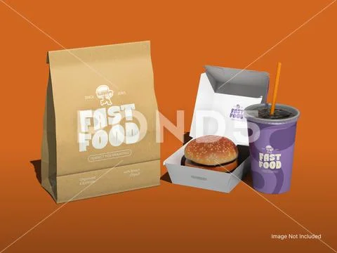White Blank Fast Food Meal Packaging Mockup of Paper Bag Burger Box and Paper Plantilla PSD