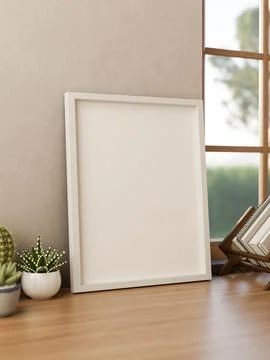 White blank frame with book rack and cactus pots on wooden table aside wind.. Stock Illustration