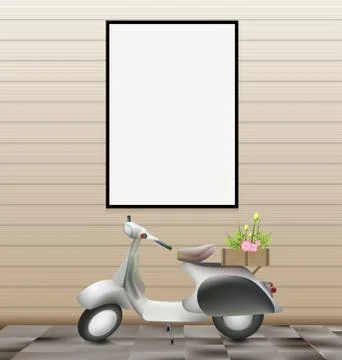 White blank frame on wall and scooter romantic retro concept Stock Illustration
