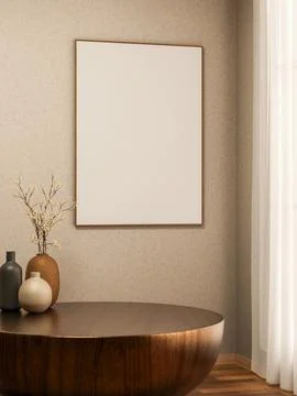 White blank frame on wall and round wooden table in modern living room with.. Stock Illustration