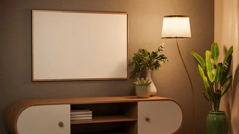 White blank frame on wall over wooden bookshelf table under lamp light and .. Stock Illustration