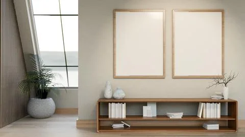 White blank frames hangs over wooden bookshelf at the end of corridor or ha.. Stock Illustration