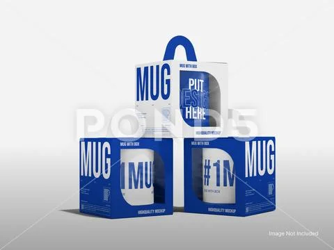 White Blank Mug with Boxes Packaging Stacked Mockup 3D Rendering PSD Template