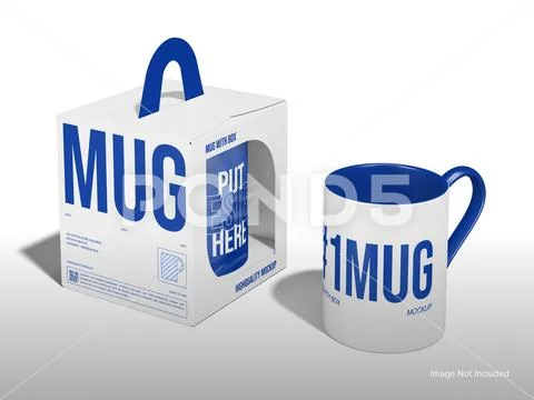 White Blank Mug with Boxes Packaging Mockup 3D Rendering Modello PSD