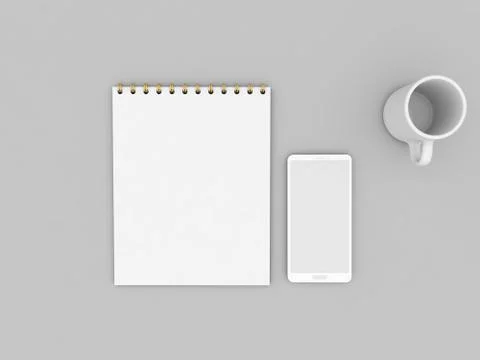 White blank notebook mobile and empty mug on a gray background. Stock Illustration