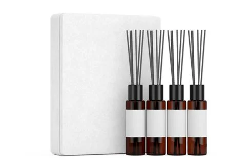 White Blank Package Box, Amber Diffuser Bottle With Wooden Aroma Sticks and.. Illustrazione stock