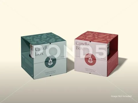 White Blank Packaging Box with Candle Mockup 3D Rendering Stacked PSD Template