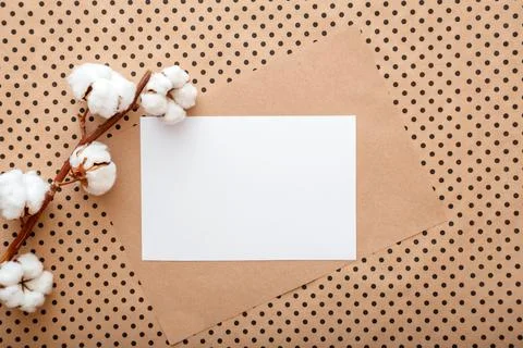 White blank paper card note invitation mockup with bloom cotton flowers branch Stock Photos