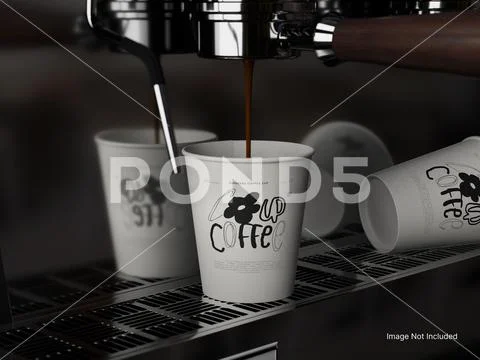 White Blank Paper Cup Mockup 3D Rendering on Coffee Machine for Coffee Packaging PSD Template