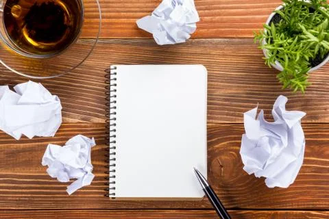 White blank paper notepad book at office worplace. Copy space Stock Photos