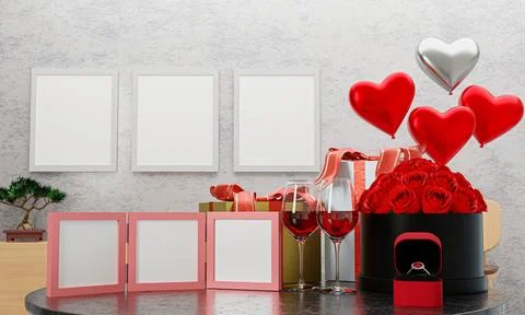 White blank photo frame Put on a table with a gift box and a glass of wine .. Stock-Illustration