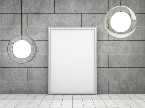 White blank poster with frame mock-up on wall. 3D Stock Illustration