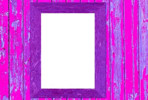 White blank poster with violet frame mock-up on pink plank wooden wall purple Stock Photos
