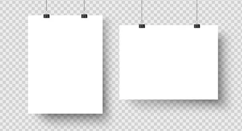 White blank posters hanging on binders. A4 paper page, sheet on wall. Vecto.. Illustrazione stock
