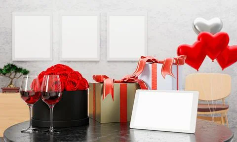 White blank screen tablet Put on a table with a gift box and a glass of wine  Stock Illustration