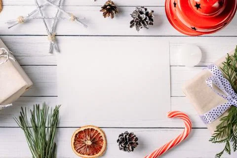 White blank sheet with a christmas composition. Flat lay, top view, copy spac Stock Photos