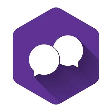White Blank speech bubbles icon isolated with long shadow. Purple hexagon button Stock Illustration