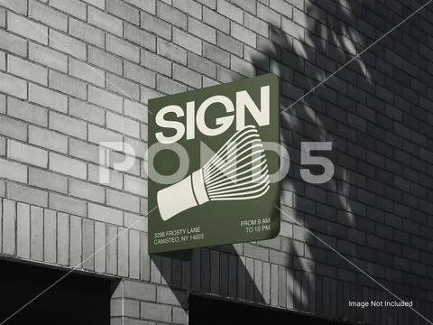 White Blank Square Brick Wall Sign Mockup Outdoor 3D Rendering Storefront Sign PSD Template