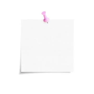 White blank sticky note with pink push pin isolated Stock Photos