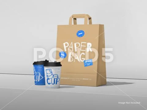 White Blank Takeaway Coffee Cup with Paper Bag Mockup Takeout Packaging 3D PSD Template
