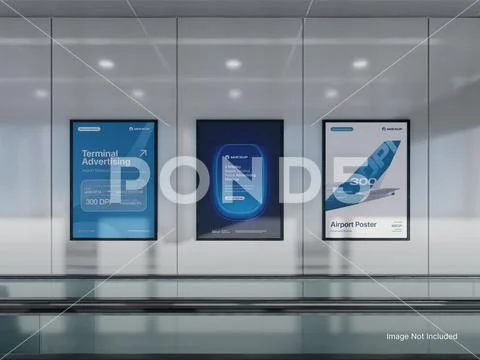White Blank Three Vertical Advertising Poster Mockups in a Modern Airport PSD-Vorlage