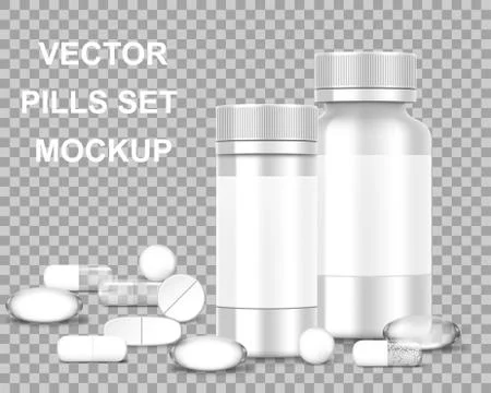 White blank transparent Bottle packaging with pills and capsules isolated Stock Illustration