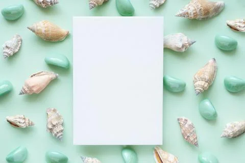 White blank vertical paper card against sea shells and smooth stones on a pal Stock Photos