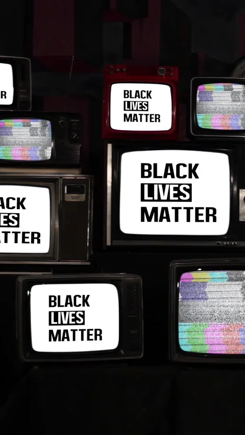 White BLM Logo Displayed on Retro TVs - Vertical View Stock Footage 296542813
