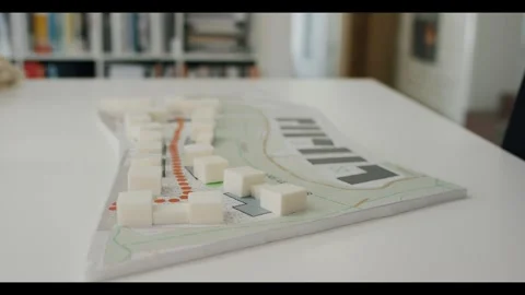 White Block Planning Model with Route on Printed Map, Static Close Up Shot Stock Footage 340298903