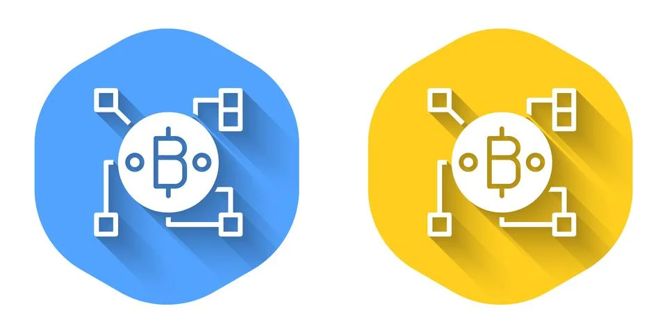 White Blockchain technology Bitcoin icon isolated with long shadow background Illustrazione stock