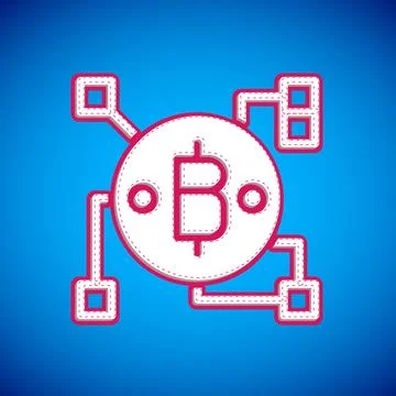 White Blockchain technology Bitcoin icon isolated on blue background. Abstract 스톡 일러스트
