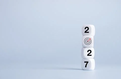 White blocks form new year 2027 in vertical stack with bullseye replacing z.. Stock Photos