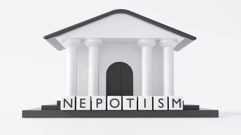 White blocks spelling NEPOTISM in front of a classical government building. Ilustración de archivo