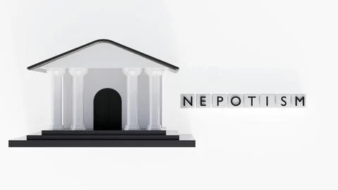 White blocks spelling NEPOTISM in front of a classical government building. Ilustración de archivo