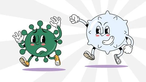 White blood cell attack germ retro 1930s style rubber hose cartoon characte.. Stock Illustration