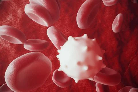 White blood cell between red blood cells, flow insice artery or vein, 3d Stock Illustration