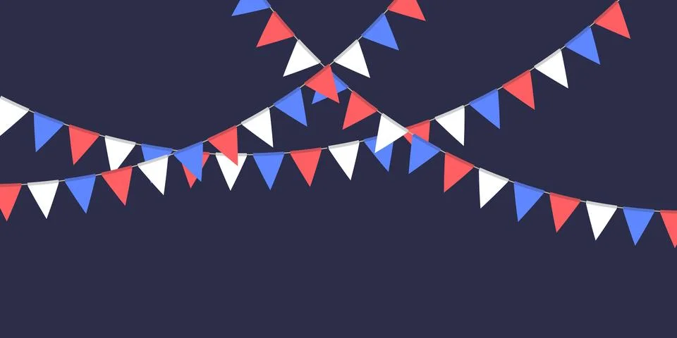 White, blue and red flag garland. Triangle pennants chain. Party decoration.. Stock Illustration