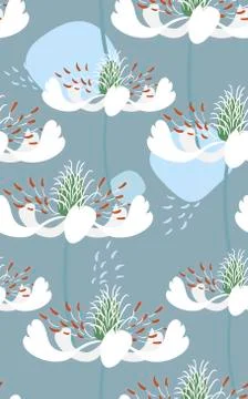 White blue flowers seamless pattern vector floral design primitive scandinavi Stock Illustration