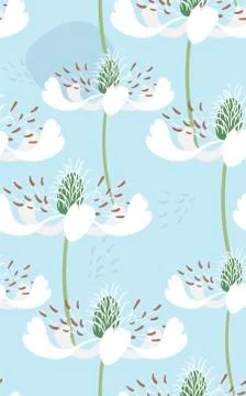 White blue flowers seamless pattern vector floral design primitive scandinavi Stock Illustration
